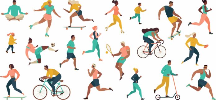 Group of people performing sports activities at park doing yoga and gymnastics exercises, jogging, riding bicycles, playing ball game and tennis. Le Maroc veut faire du sport une industrie à 38 milliards de dirhams